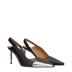 Off-White black leather high heel pumps with pointed toes and sleek design, perfect for stylish formal or casual wear.