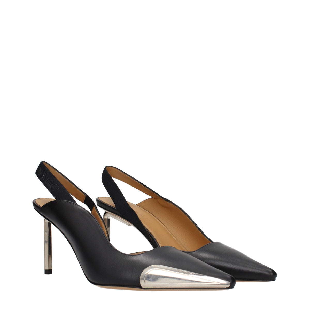 Off-White black leather high heel pumps with pointed toes and sleek design, perfect for stylish formal or casual wear.