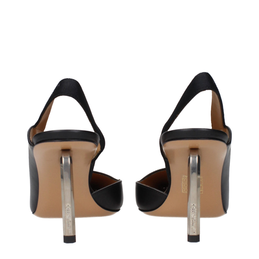Off-White black leather high heel pumps with pointed toes and sleek design, perfect for stylish formal or casual wear.