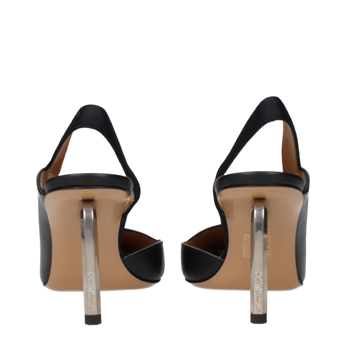 Off-White black leather high heel pumps with pointed toes and sleek design, perfect for stylish formal or casual wear.