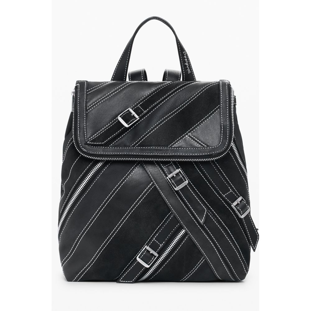 Desigual black polyurethane women's backpack with silver hardware and adjustable straps, stylish and functional for everyday use.
