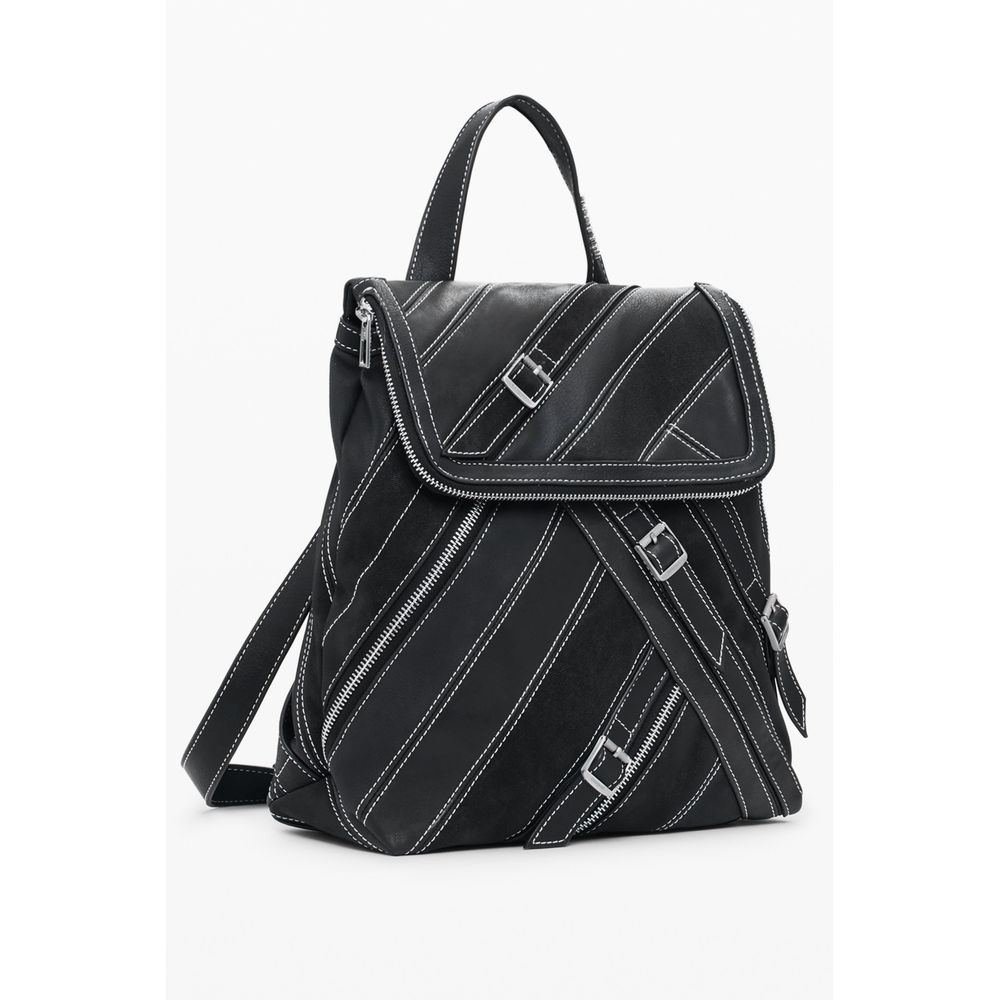 Desigual black polyurethane women’s backpack with adjustable straps and stylish design, featuring colorful pattern accents.