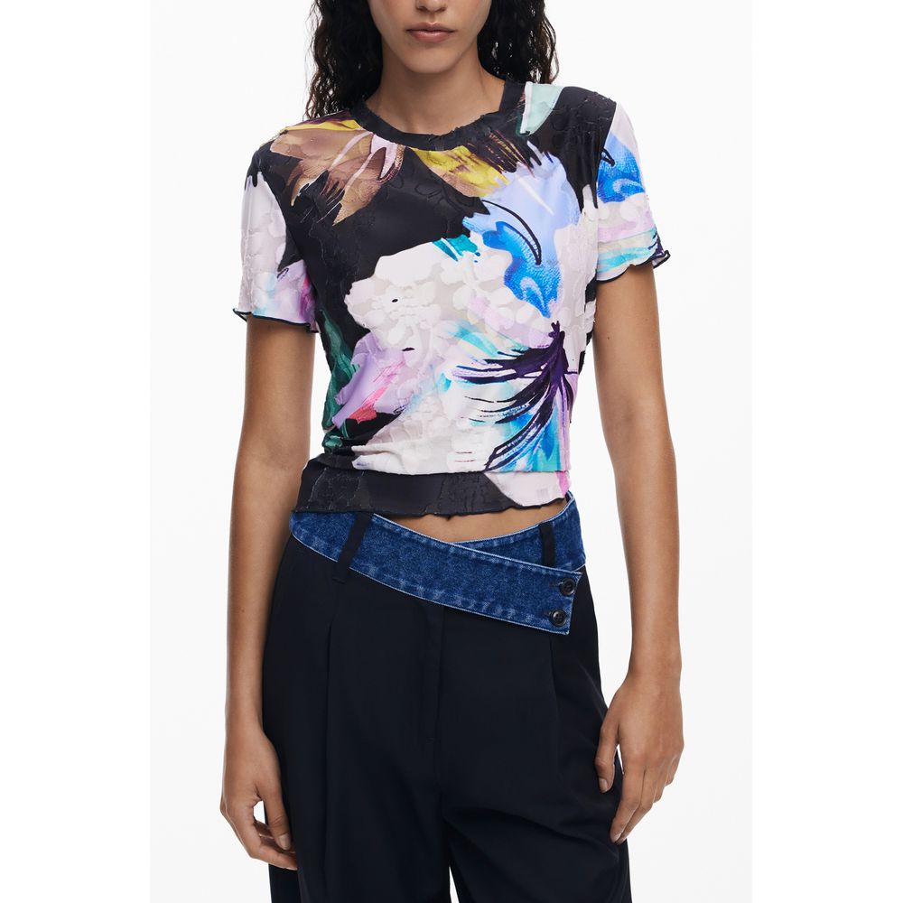 Black Desigual women's polyester T-shirt with a casual fit, featuring subtle branding and simple design details.