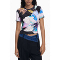 Black Desigual women's polyester T-shirt with a casual fit, featuring subtle branding and simple design details.