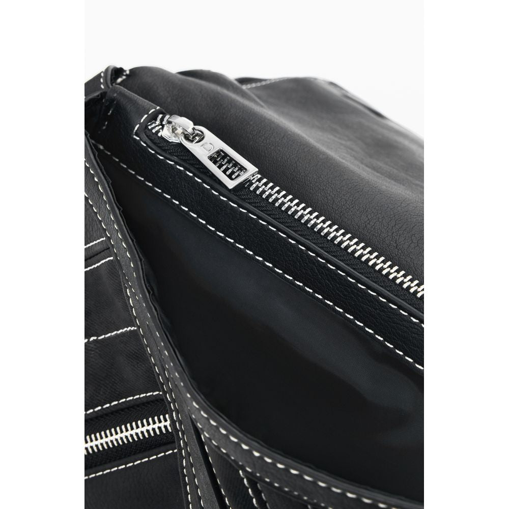 Desigual black polyurethane women’s backpack with adjustable straps and stylish design, suitable for daily use and casual outfits.