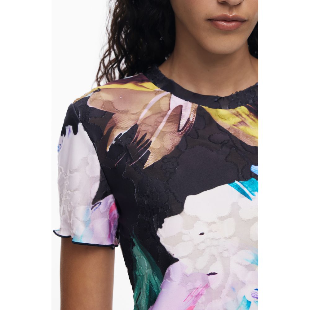 Black polyester women's T-shirt by Desigual featuring a casual fit and subtle branding, perfect for everyday wear.