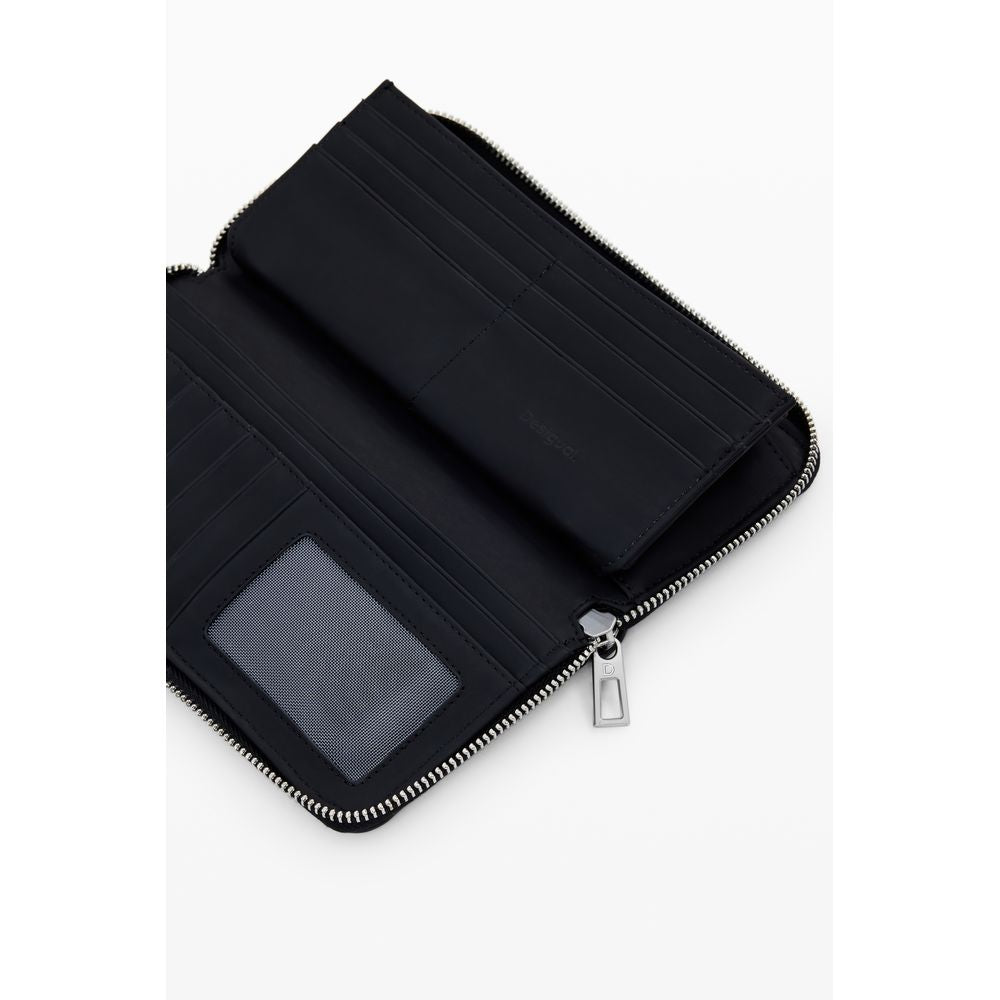 Desigual Nero polyurethane women's wallet with multiple card slots, zipper closure, and stylish design.
