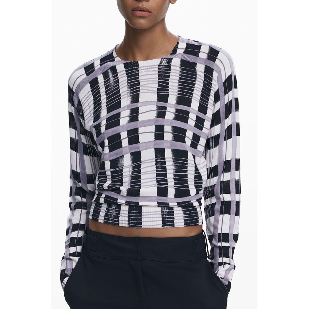 Desigual Bianco Viscosa women's sweater in white with a relaxed fit and subtle textured pattern, displayed on a hanger.