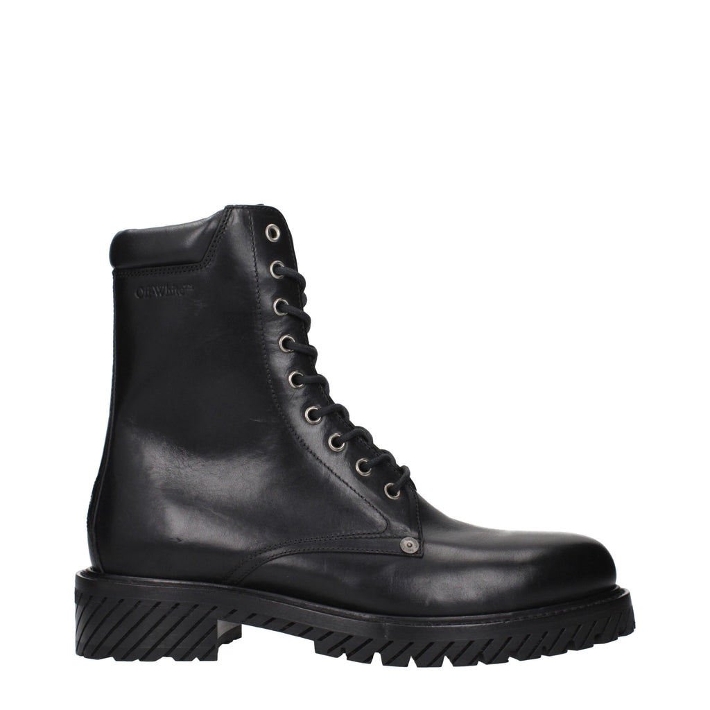 Off-White black leather ankle boots with sleek design and sturdy soles, perfect for stylish casual or evening wear.