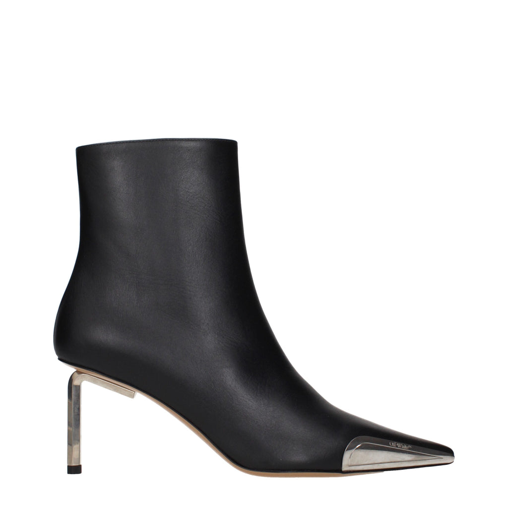 Off-White black leather ankle boots with sleek design and pointed toes, showcasing stylish and high-quality footwear.