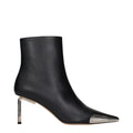 Off-White black leather ankle boots with sleek design and pointed toes, showcasing stylish and high-quality footwear.