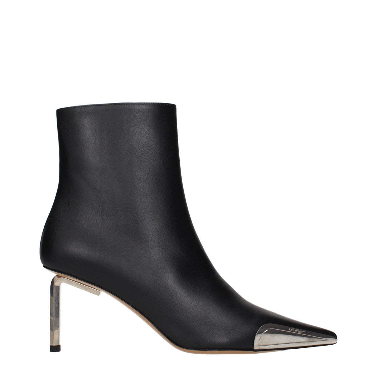 Off-White black leather ankle boots with sleek design and pointed toes, showcasing stylish and high-quality footwear.