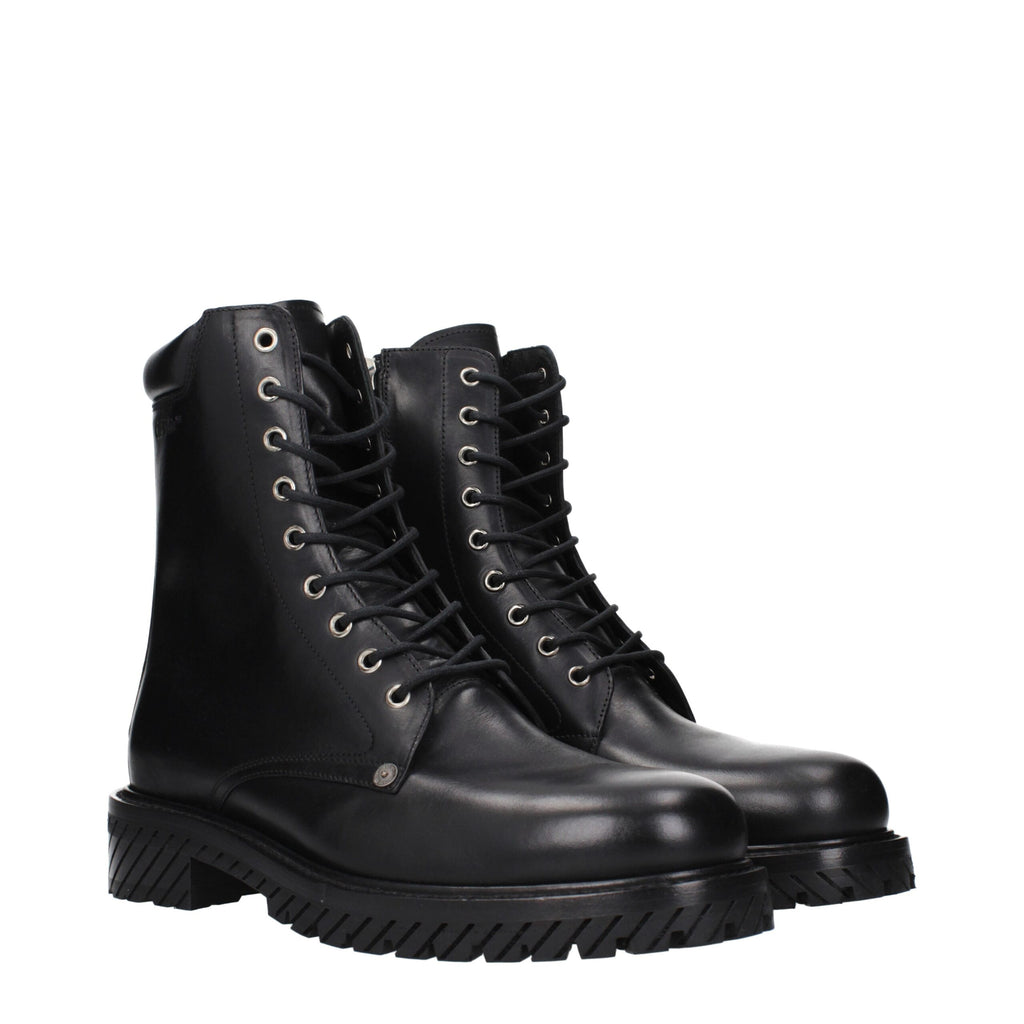 Off-White black leather ankle boots with sleek design, pointed toes, and subtle branding, perfect for modern fashion.