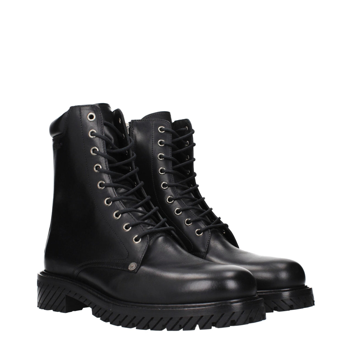 Off-White black leather ankle boots with sleek design, pointed toes, and subtle branding, perfect for modern fashion.
