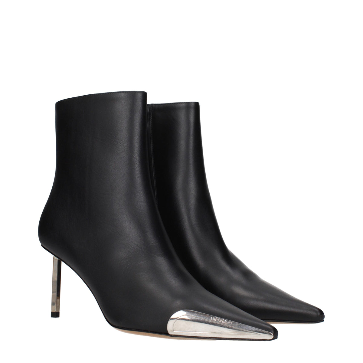 Off-White black leather ankle boots with sleek design and pointed toes, showcasing stylish footwear fashion.