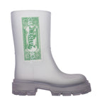 Clear PVC ankle boots from Off-White showing transparent design with chunky soles and ankle-height fit.
