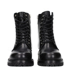 Off-White black leather ankle boots with sleek design and chunky soles, showcasing stylish footwear for modern fashion.