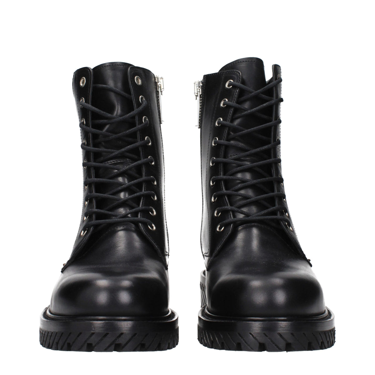 Off-White black leather ankle boots with sleek design and chunky soles, showcasing stylish footwear for modern fashion.