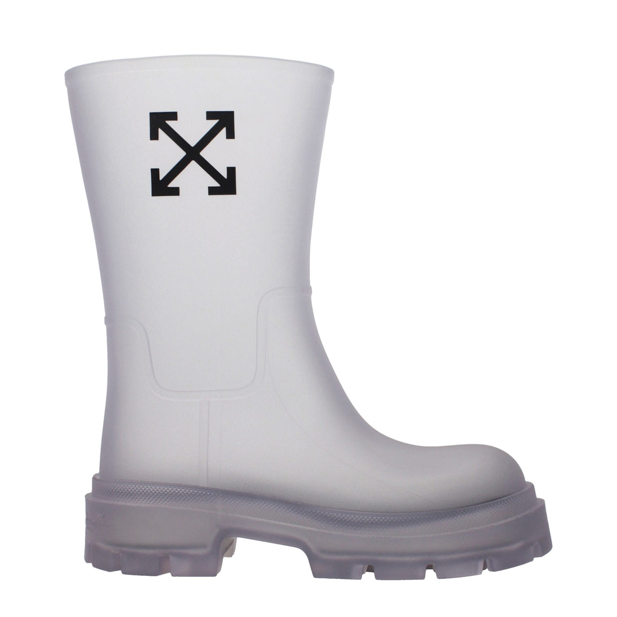 Clear PVC ankle boots by Off-White featuring transparent design and stylish silhouette.
