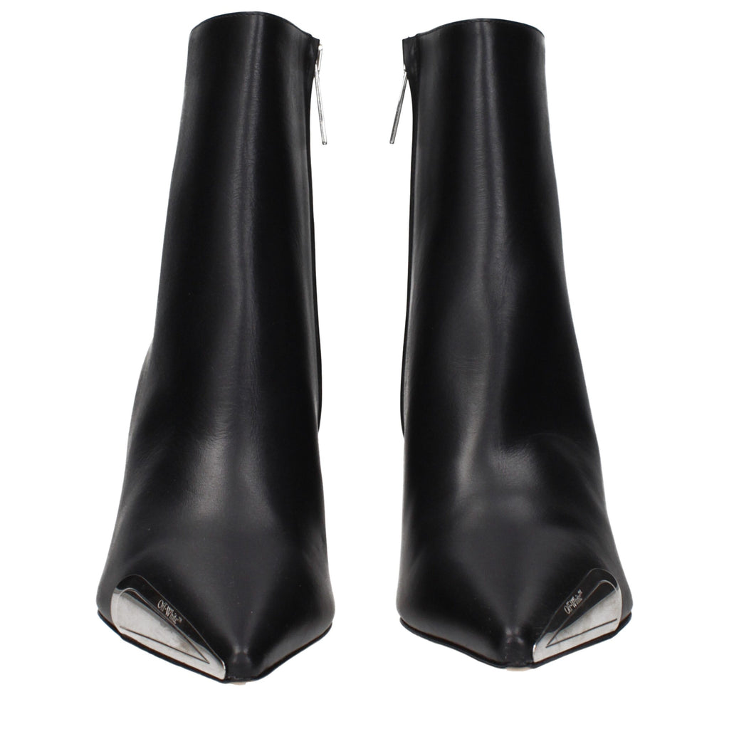 Black leather ankle boots by Off-White featuring sleek design and signature branding, perfect for stylish everyday wear.