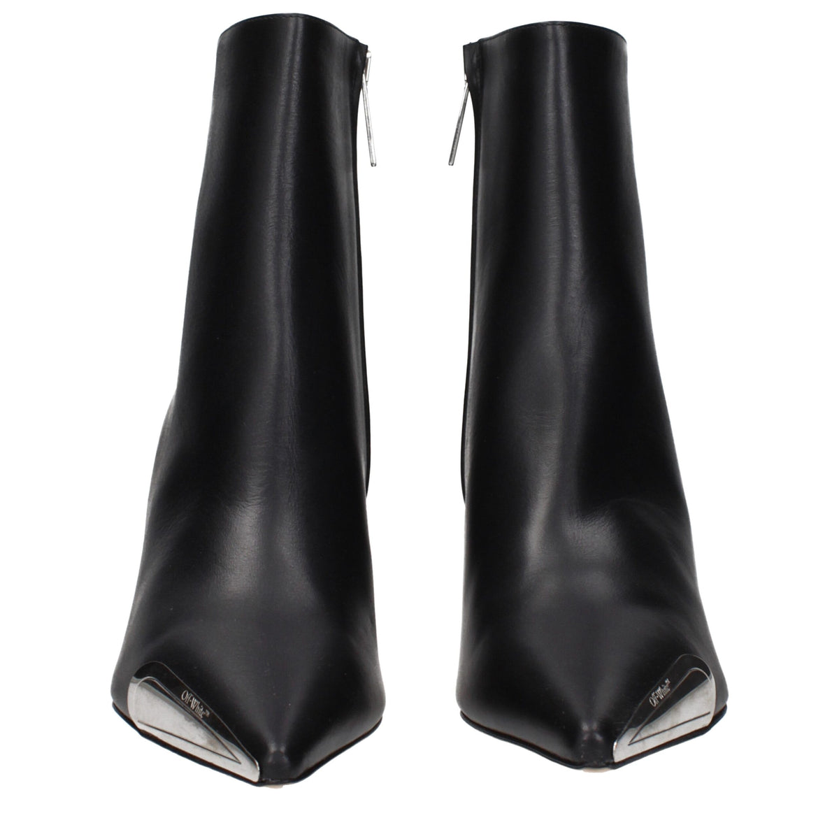 Black leather ankle boots by Off-White featuring sleek design and signature branding, perfect for stylish everyday wear.