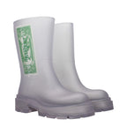 Off-White transparent PVC ankle boots with clear design and sleek silhouette, showcasing modern, high-fashion footwear.