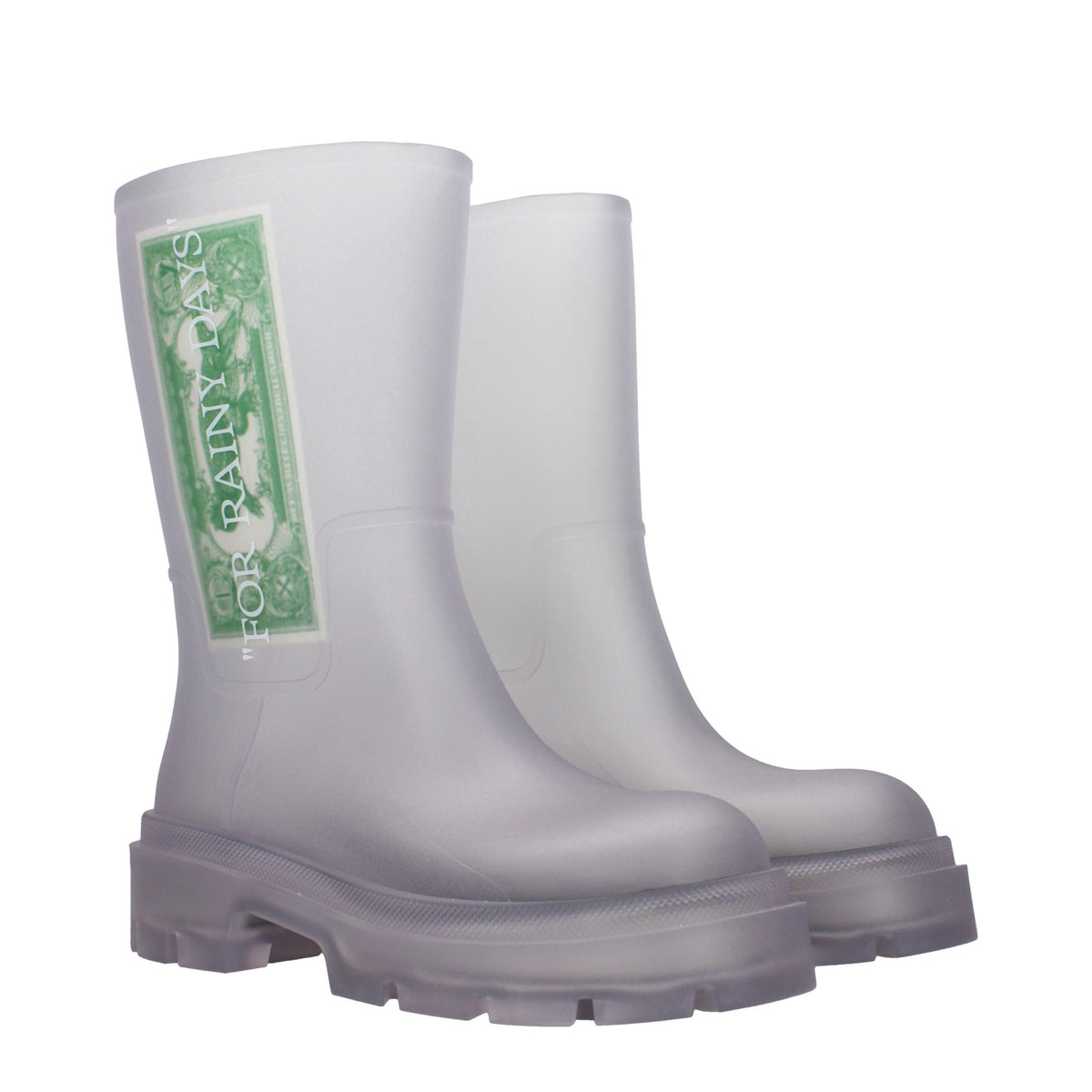 Off-White transparent PVC ankle boots with clear design and sleek silhouette, showcasing modern, high-fashion footwear.