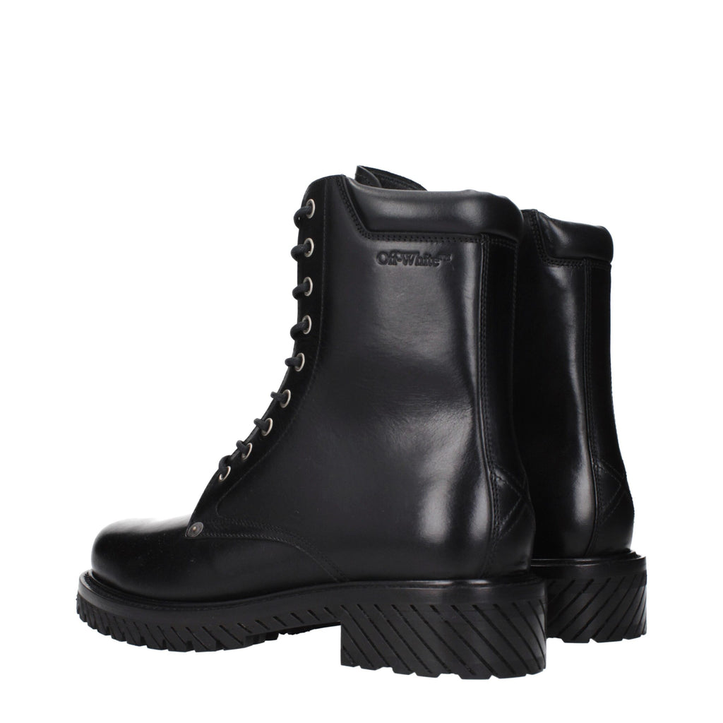 Off-White black leather ankle boots with sleek design and sturdy soles, featuring minimal branding and modern style.