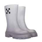 Off-White transparent PVC ankle boots with clear design and sturdy soles, showcasing modern style and urban fashion.