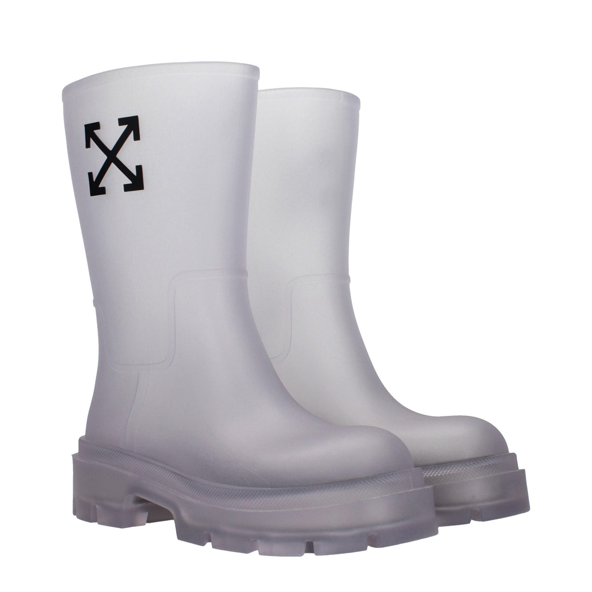 Off-White transparent PVC ankle boots with clear design and sturdy soles, showcasing modern style and urban fashion.