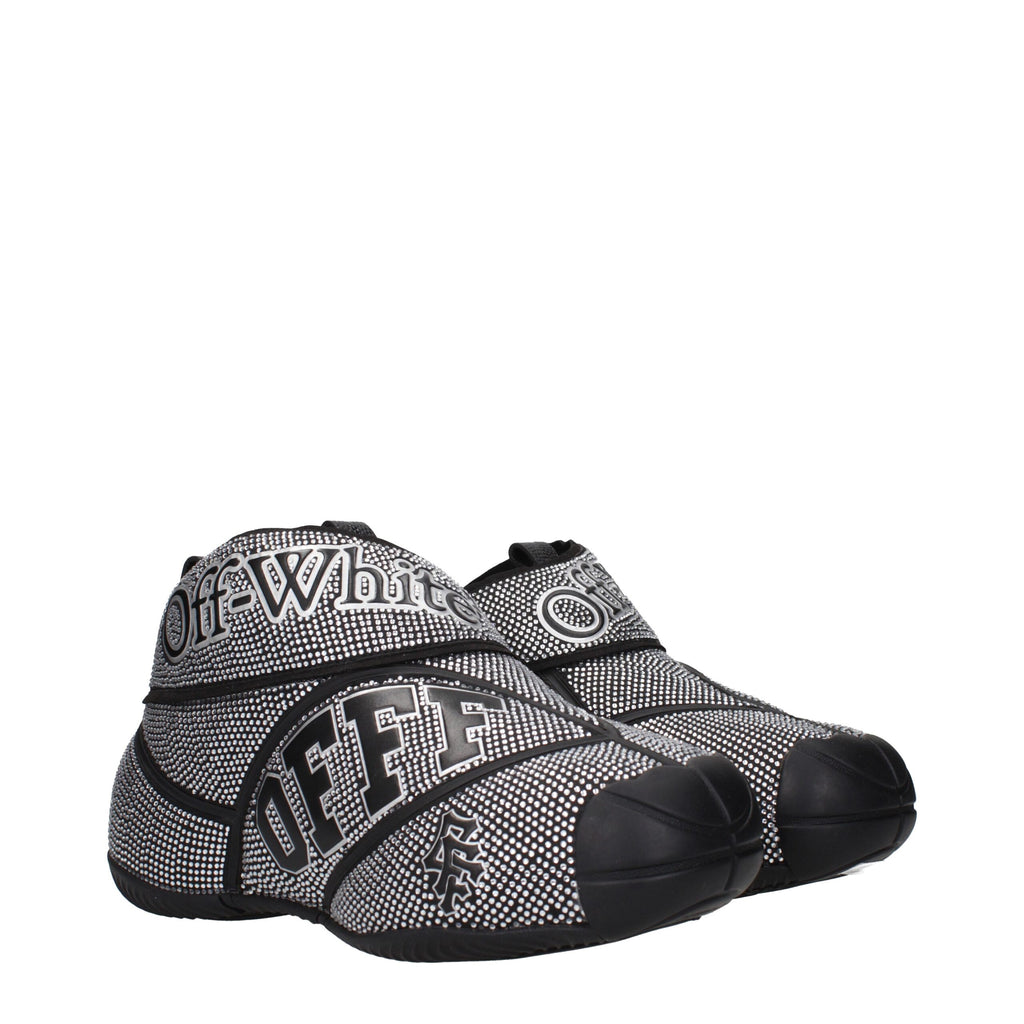 Off-White black cotton sneakers with modern design, featuring white accents and stylish laces on a clean white background.