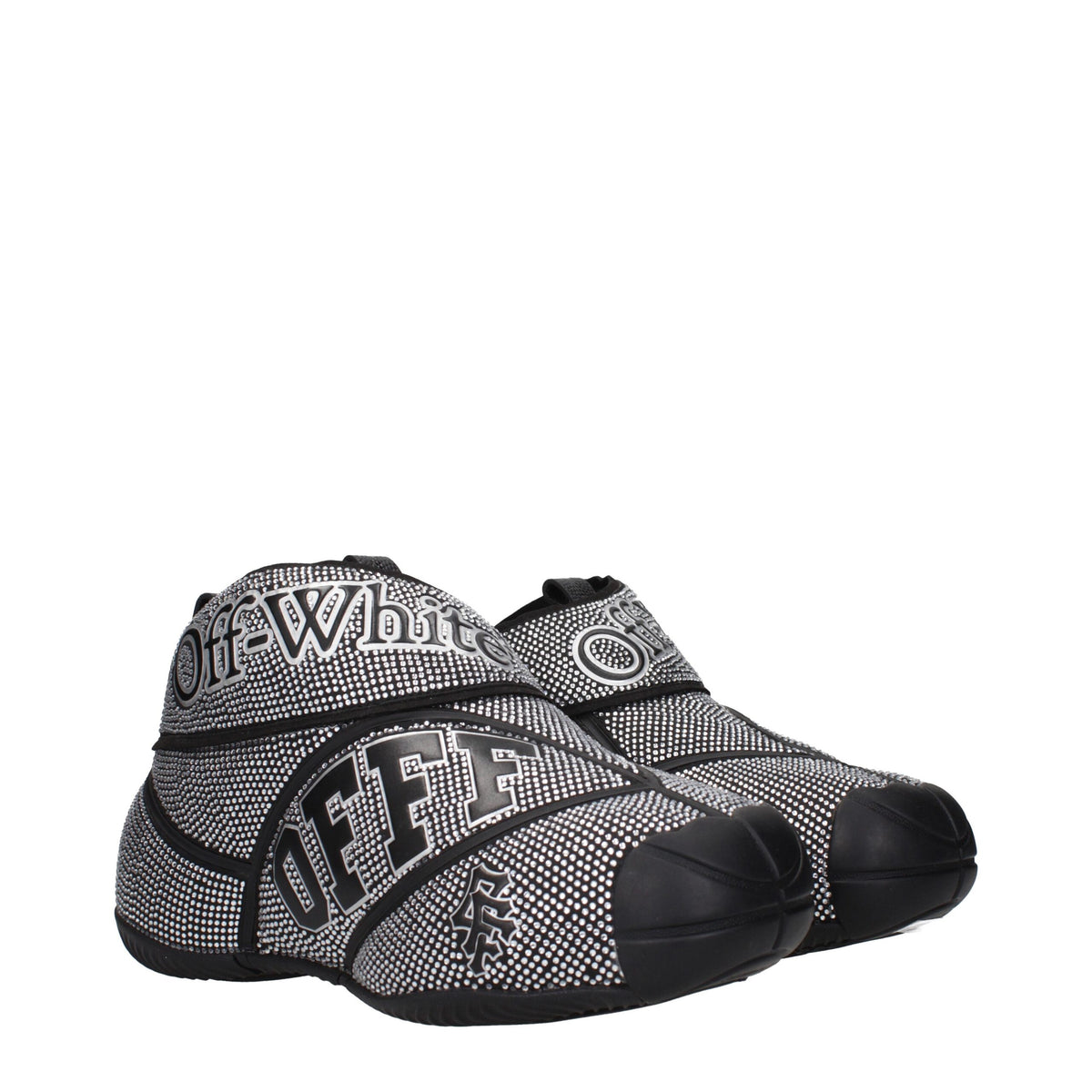 Off-White black cotton sneakers with modern design, featuring white accents and stylish laces on a clean white background.