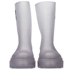 Off-White transparent PVC ankle boots with clear design and black accents, showcasing a modern, stylish footwear option.