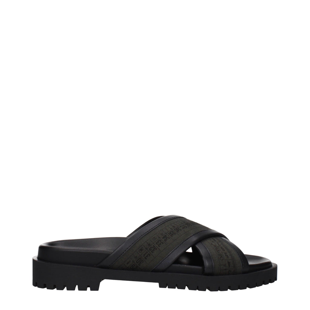 Off-White green fabric flat sandals with open toe design and adjustable strap, stylish and comfortable for casual wear.