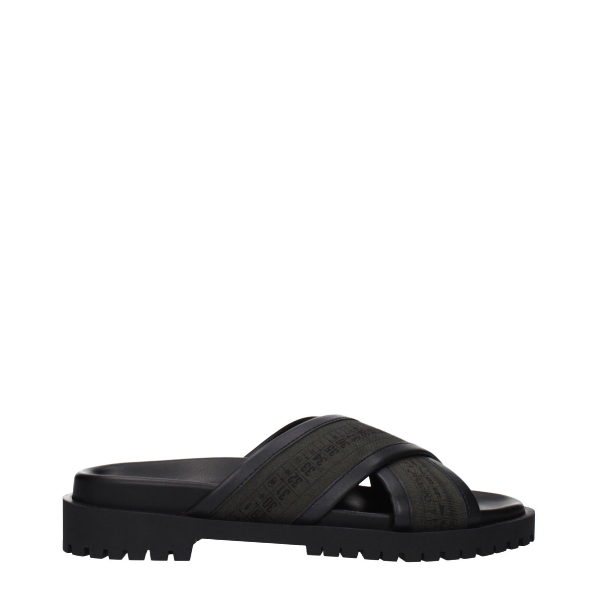Off-White green fabric flat sandals with open toe design and adjustable strap, stylish and comfortable for casual wear.