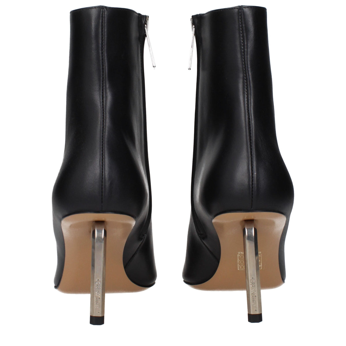 Off-White black leather ankle boots with sleek design and pointed toes, stylish footwear for modern fashion.