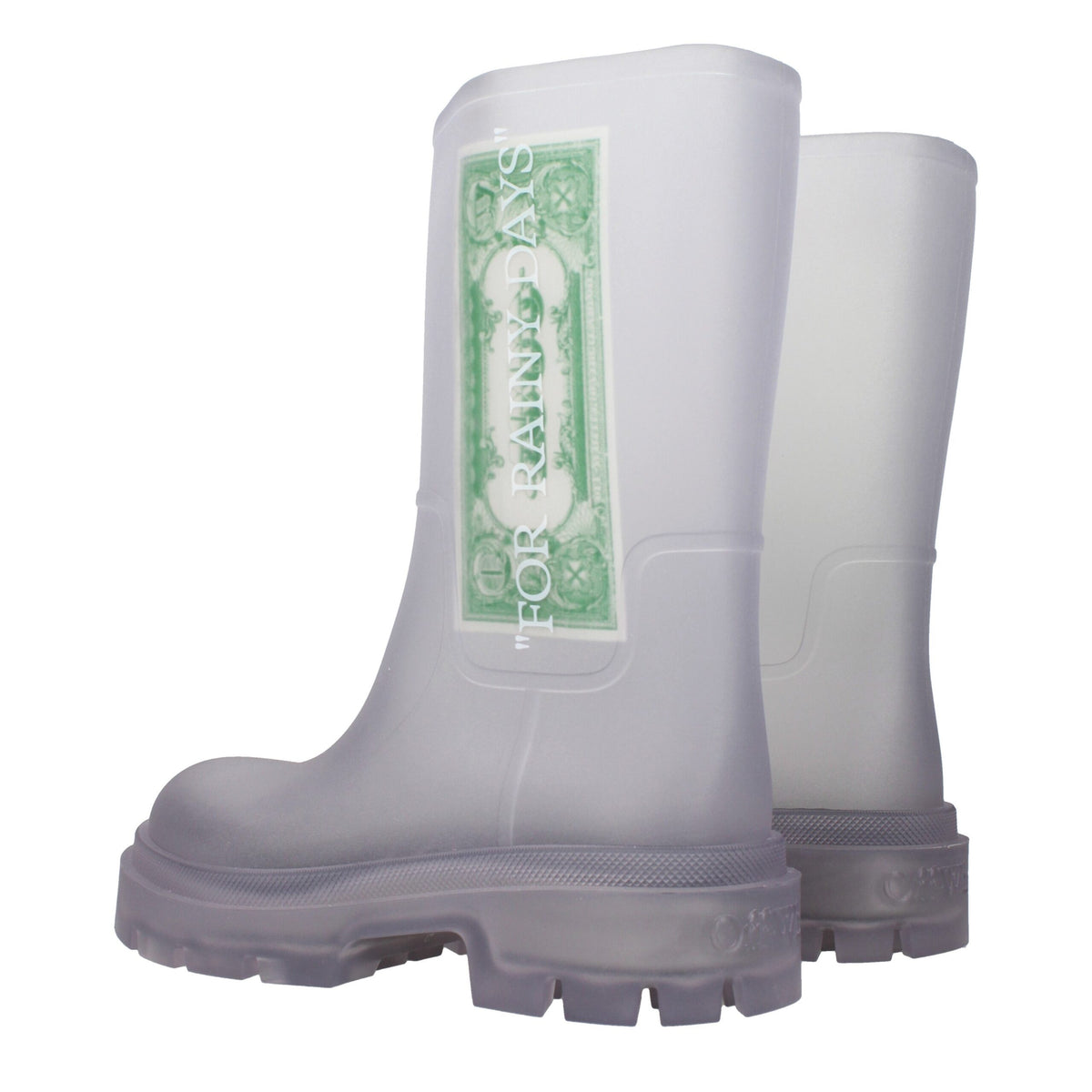 Off-White transparent PVC ankle boots with clear, glossy finish and pointed toes, stylish footwear for modern fashion.