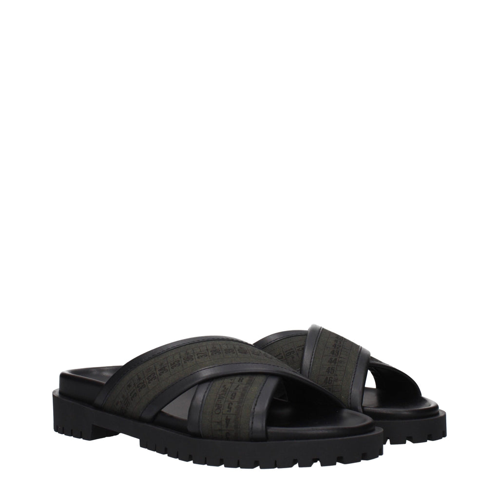 Off-White green fabric flat sandals with open toe design and strap detailing, perfect for casual summer wear.