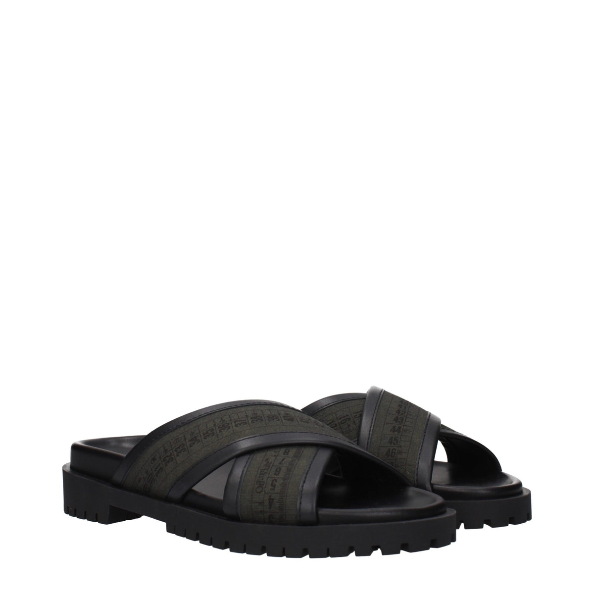 Off-White green fabric flat sandals with open toe design and strap detailing, perfect for casual summer wear.