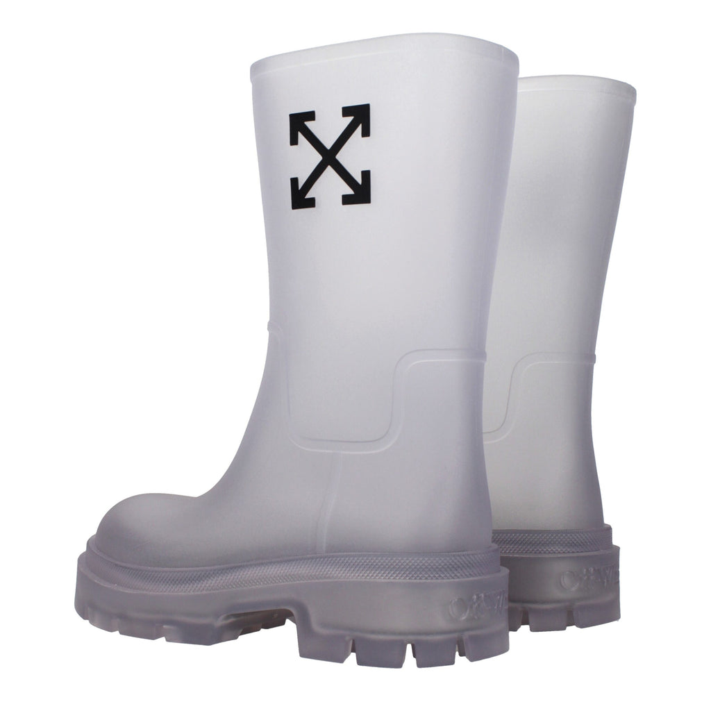 Clear PVC ankle boots by Off-White featuring transparent design, rounded toes, and stylish ankle height for modern fashion.