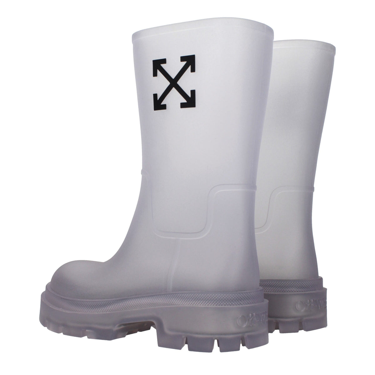 Clear PVC ankle boots by Off-White featuring transparent design, rounded toes, and stylish ankle height for modern fashion.