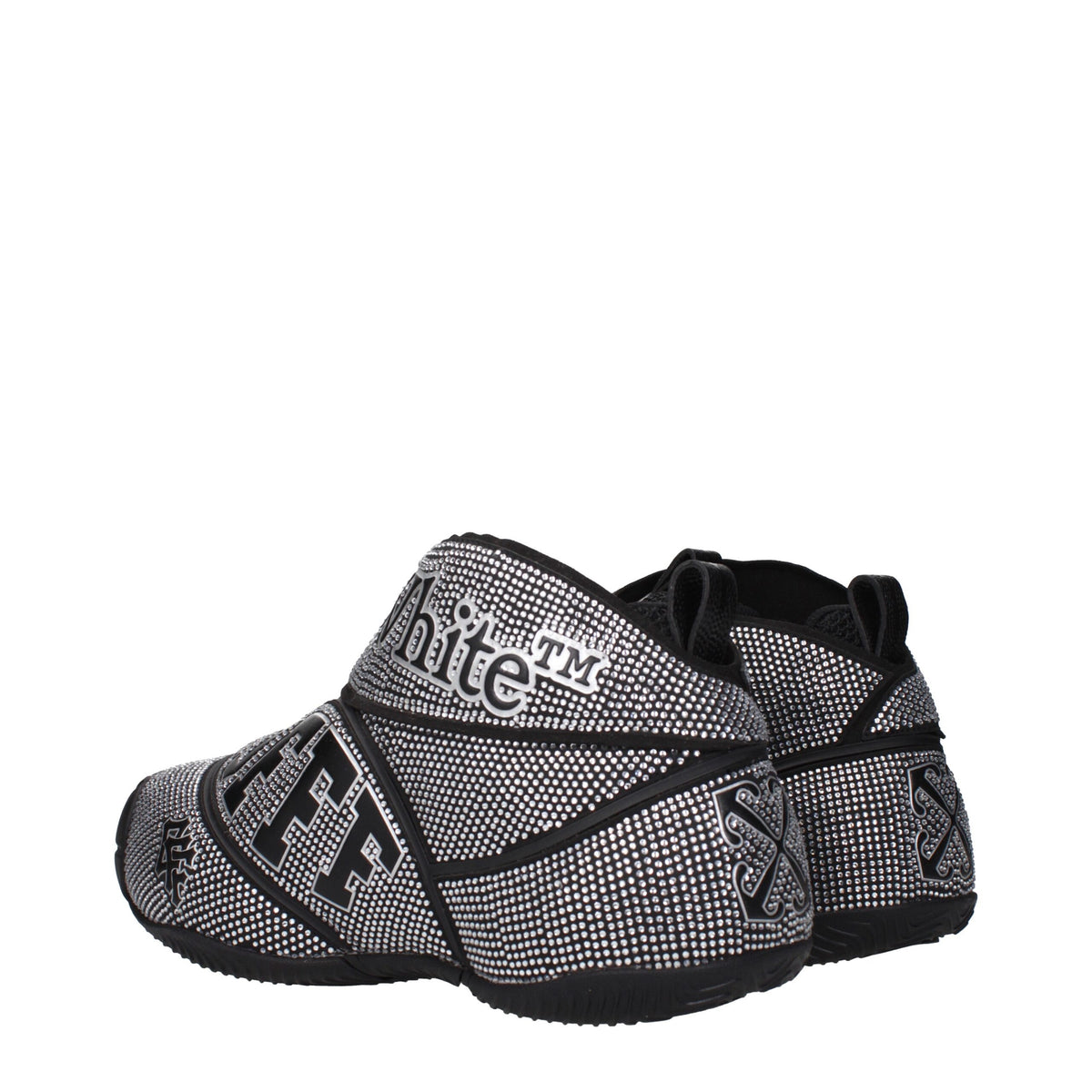 Off-White black cotton sneakers with white detailing and logo, showcasing casual athletic footwear style.