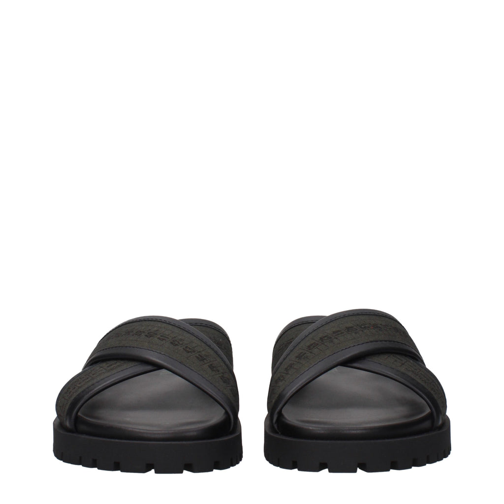 Off-White green fabric flat sandals with open toe and ankle strap, showcasing stylish and comfortable footwear design.