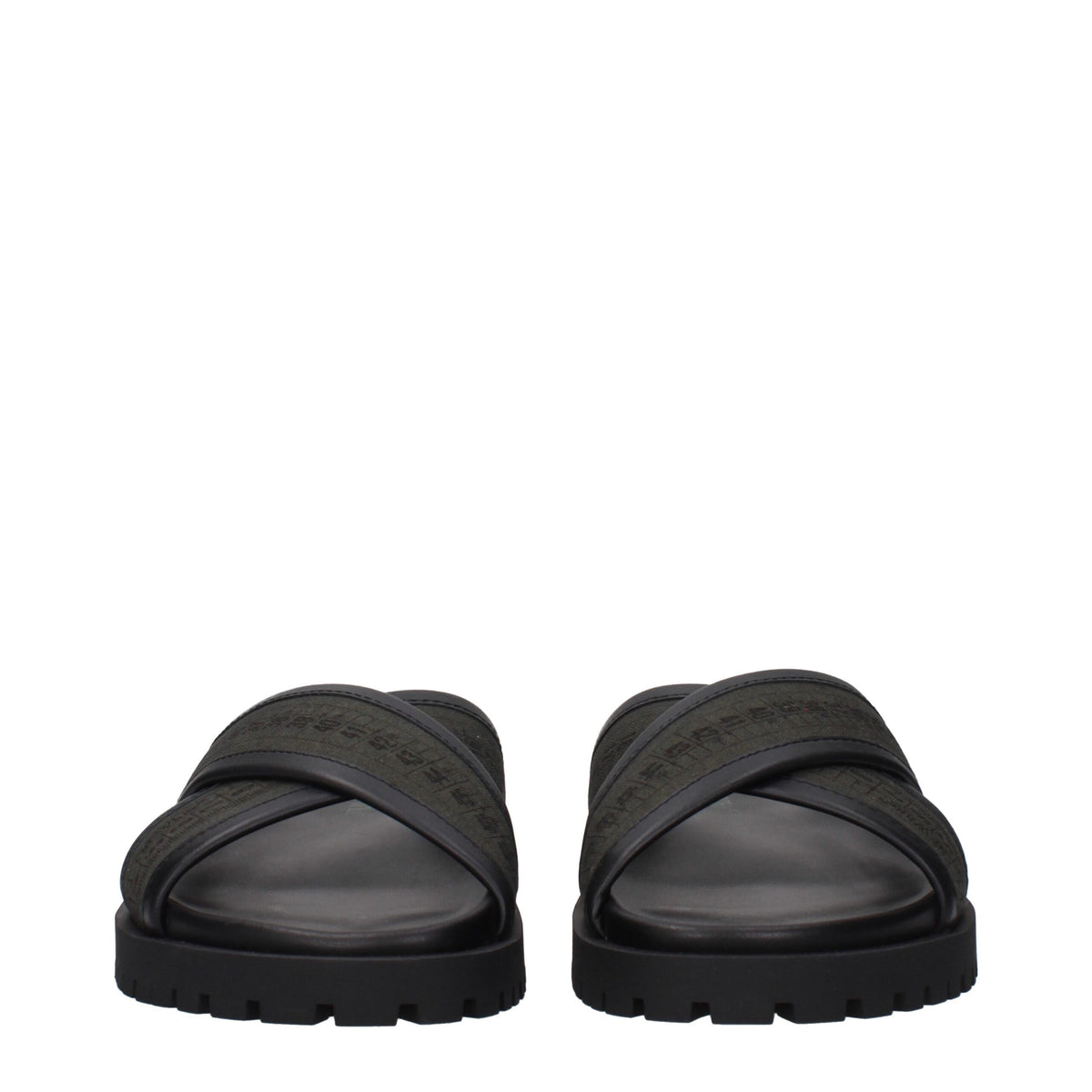 Off-White green fabric flat sandals with open toe and ankle strap, showcasing stylish and comfortable footwear design.