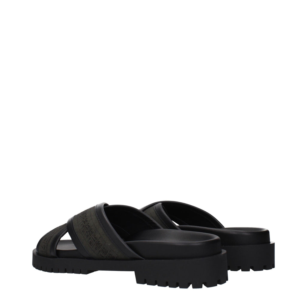 Off-White green fabric flat sandals with open toe design, featuring minimalist straps and a comfortable flat sole.