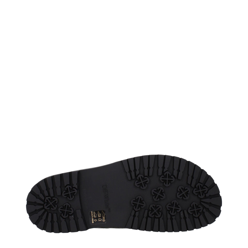 Off-White green fabric flat sandals with open-toe design and ankle strap on a white background