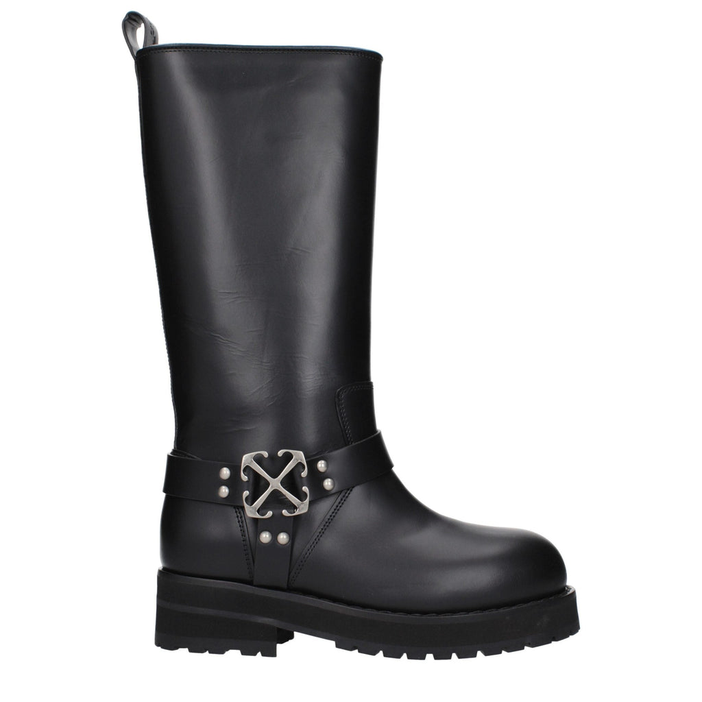 Off-White black leather flat boots with sleek design and minimal detailing, perfect for casual or stylish everyday wear.