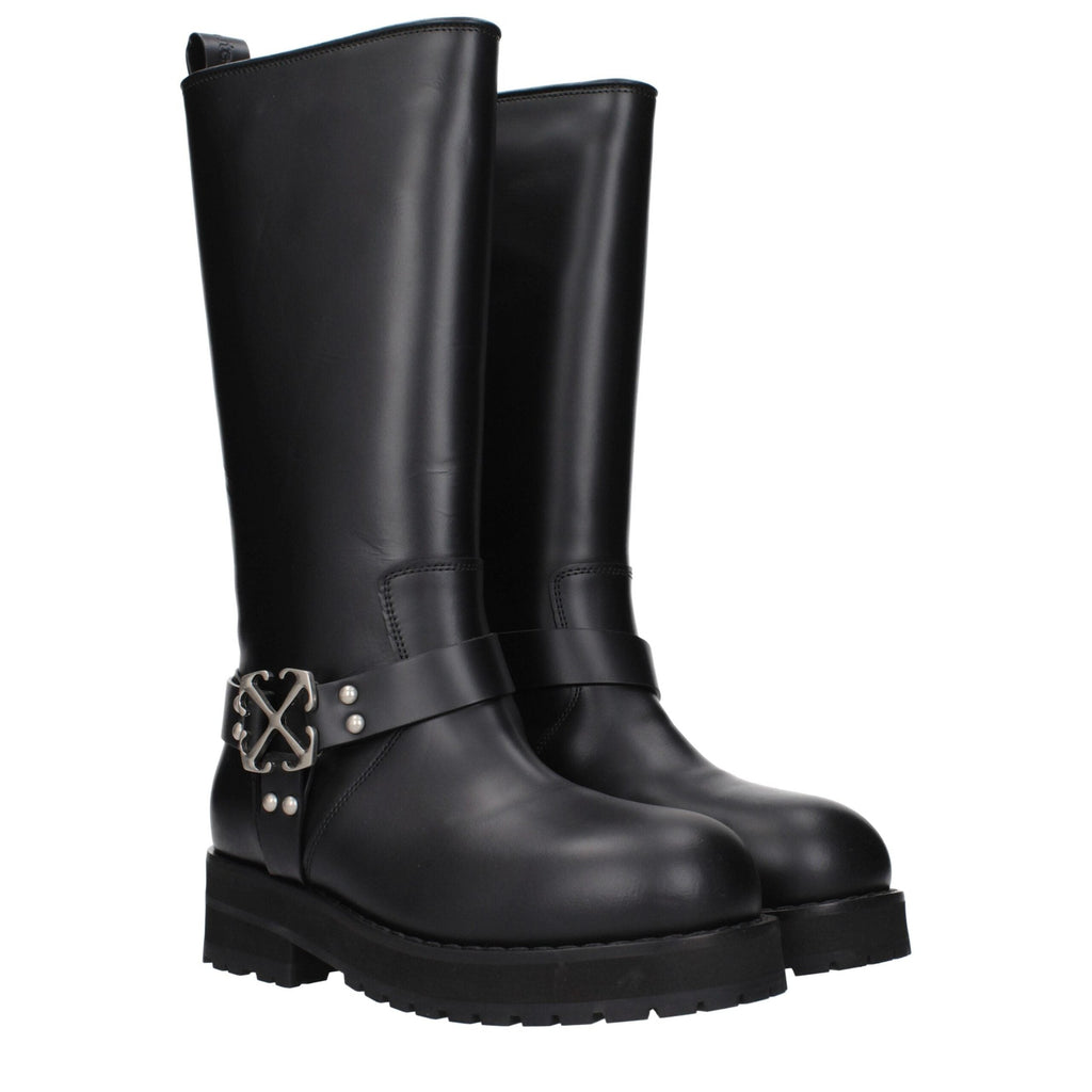 Off-White black leather flat boots with sleek design and minimal detailing, showcasing a stylish and comfortable footwear option.