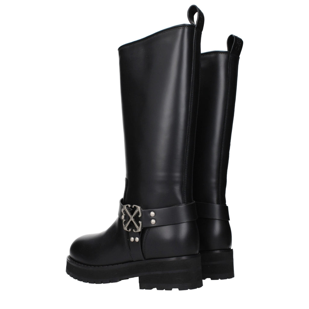 Off-White black leather flat boots with sleek design and rounded toes, perfect for stylish casual wear.