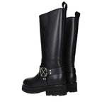 Off-White black leather flat boots with sleek design and rounded toes, perfect for stylish casual wear.